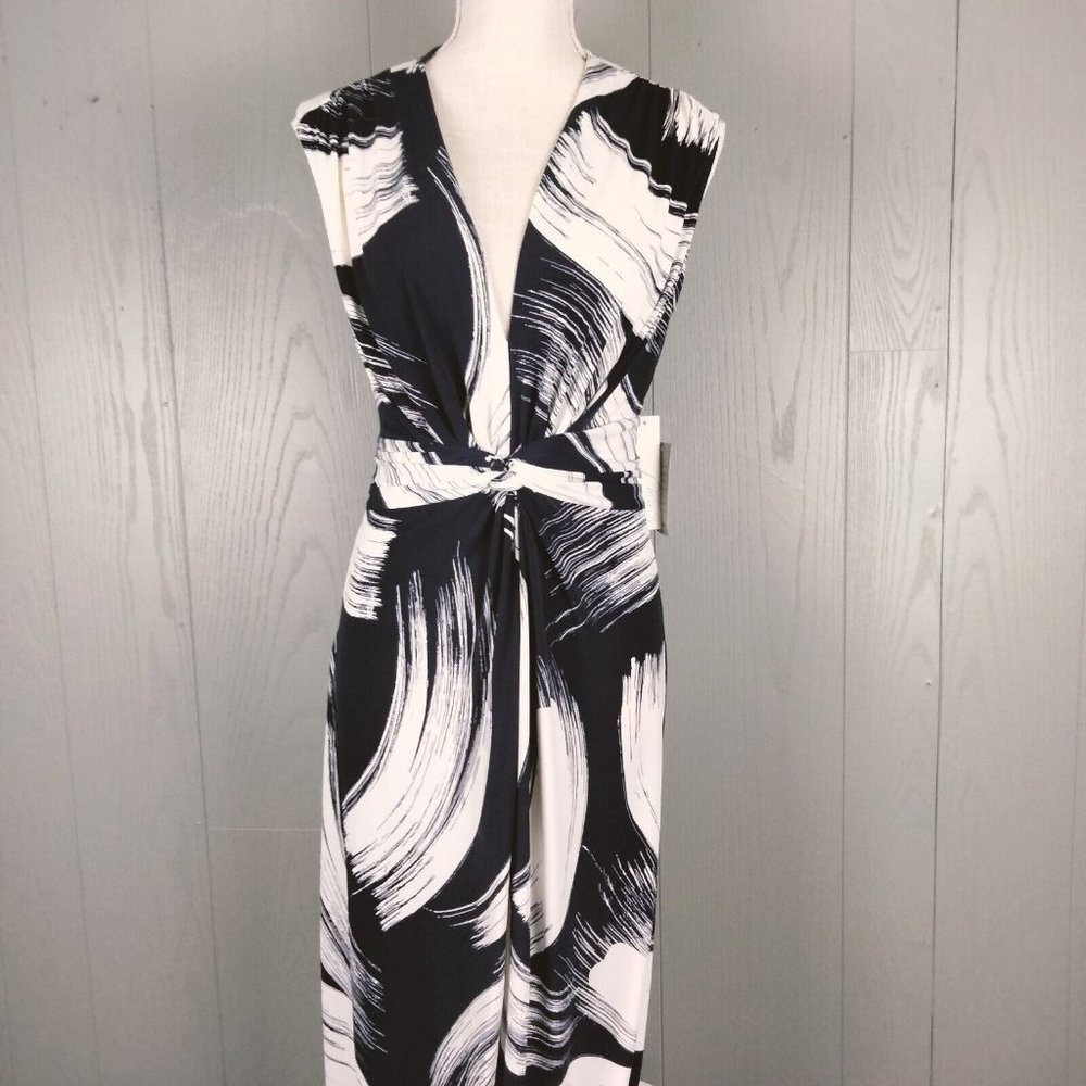 Nordstrom Eliza J Maxi Dress 14 Blue White Belted Sleeveless Stretchy Art NEW